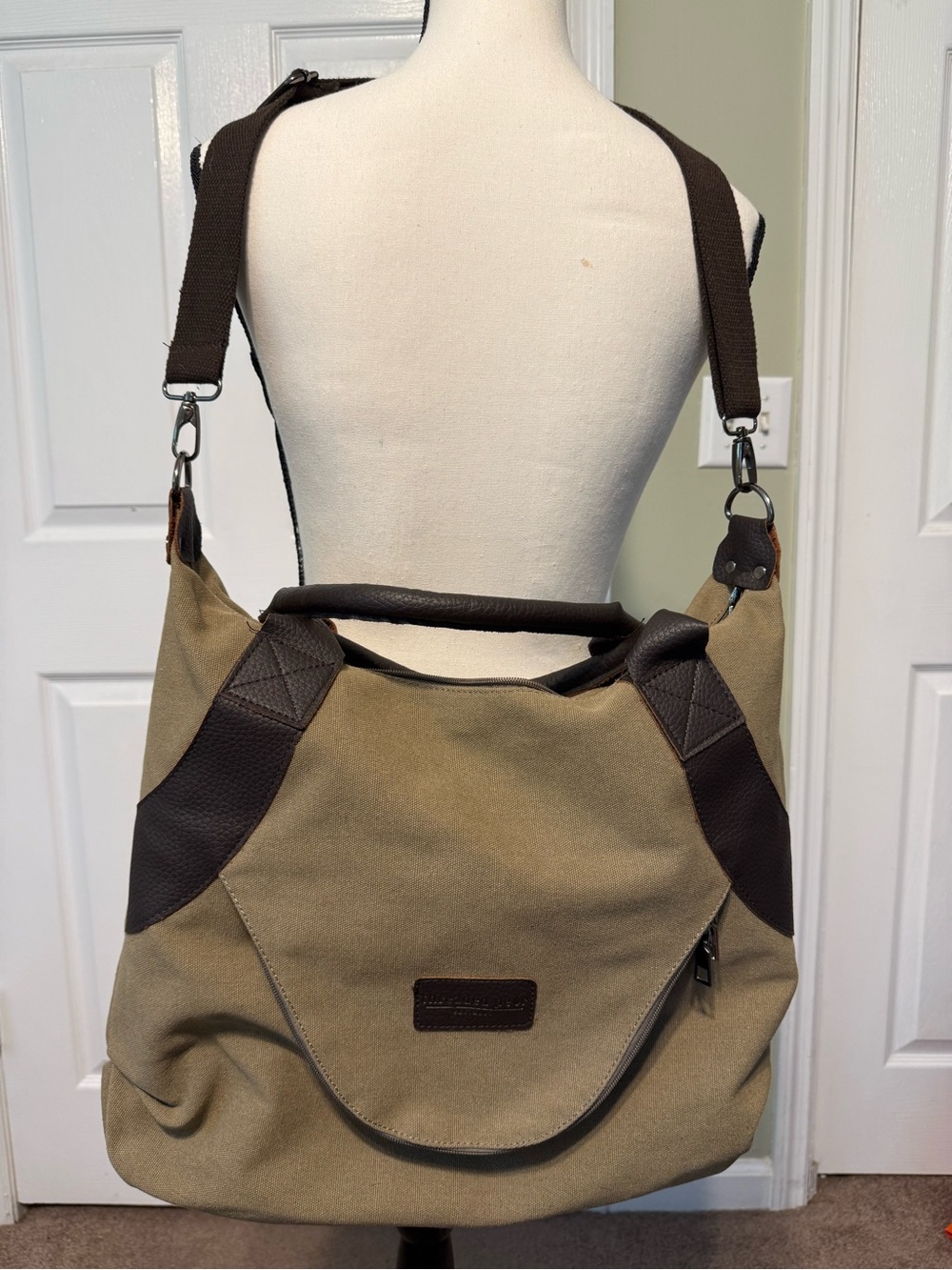 Threaded Pear Canvas Tote with Dark Brown Leather Trim